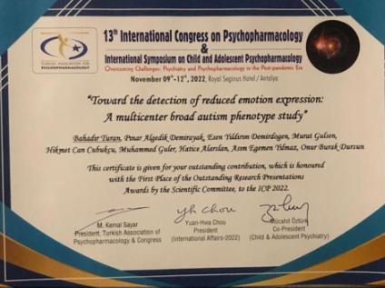 Çocuk Ergen Ruh Sağlığı ve Hastalıkları Anabilim Dalımıza Birincilik Ödülü