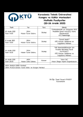 20-26 Aralık 2021 Haftalık Kültürel Faaliyetler