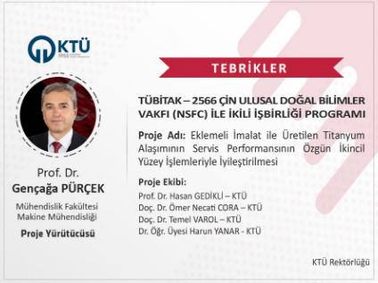 Akademisyenimize TÜBİTAK-2566 Çin Ulusal Doğal Bilimler Vakfı (NSFC) ile İkili İş Birliği Programı Proje Desteği